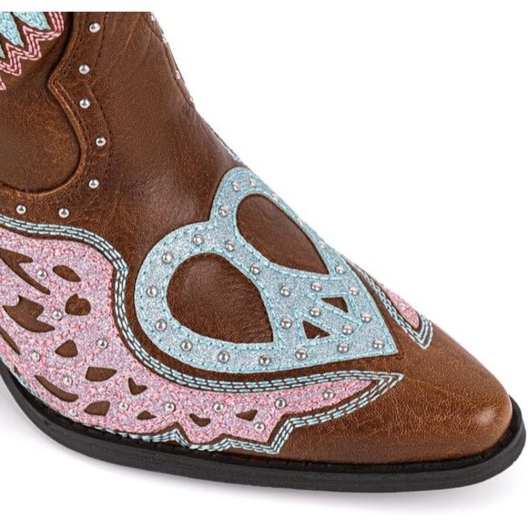 ⚡Women's Brown Western Cowgirl Boot Embroidery Angel Wings Mid Calf Pointed Toe - Picture 7 of 8